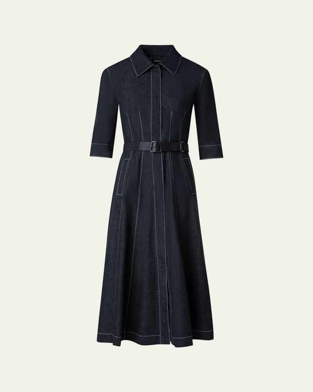 Belted Cotton Denim Midi Dress with Contrast Stitching